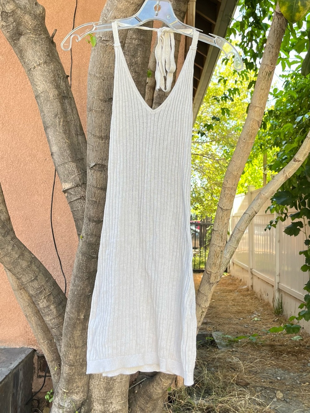NBD White Ribbed Knit Open Back Mini Dress .